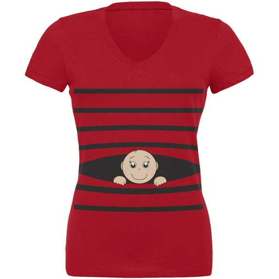 Striped Peeking Baby Red Juniors V-Neck T-Shirt - Medium