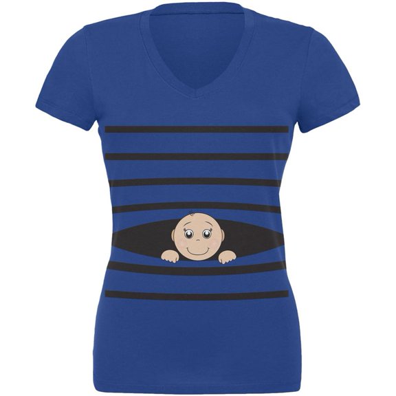 Striped Peeking Baby Royal Juniors V-Neck T-Shirt - Small