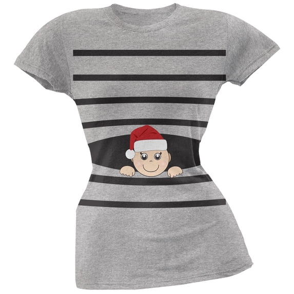 Striped Peeking Christmas Santa Hat Baby Grey Soft Juniors T-Shirt - Large