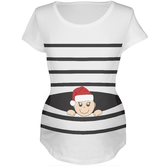 Striped Peeking Christmas Santa Hat Baby White Womens Soft Maternity T-Shirt - 2X-Large
