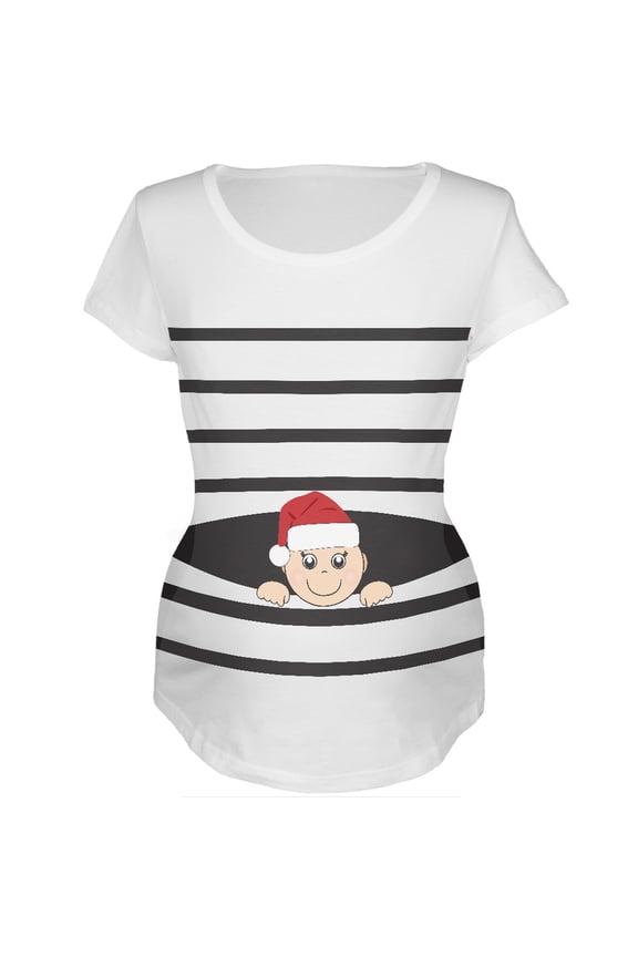 Striped Peeking Christmas Santa Hat Baby White Womens Soft Maternity T-Shirt - Small