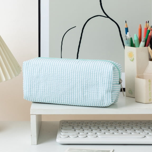 Striped Pen Pouch, Large Capacity Pencil Case, Portable Stationery Organizer, Zippered Marker Holder for Desk Office