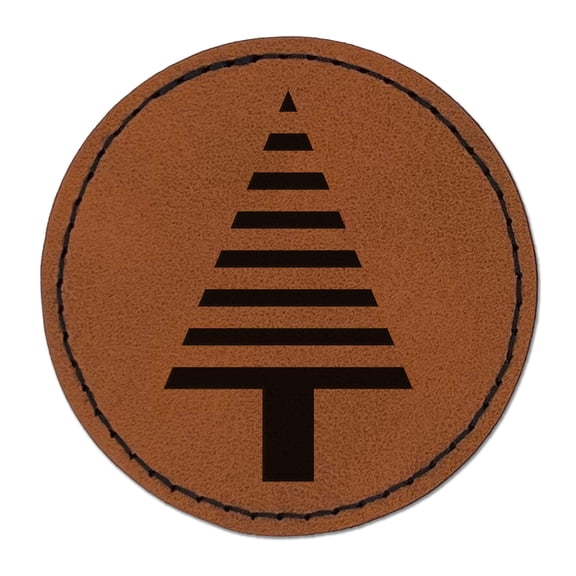 Striped Pine Woodland Tree 2.5" Faux Leather Round Engraved Iron-On Patch - Brown