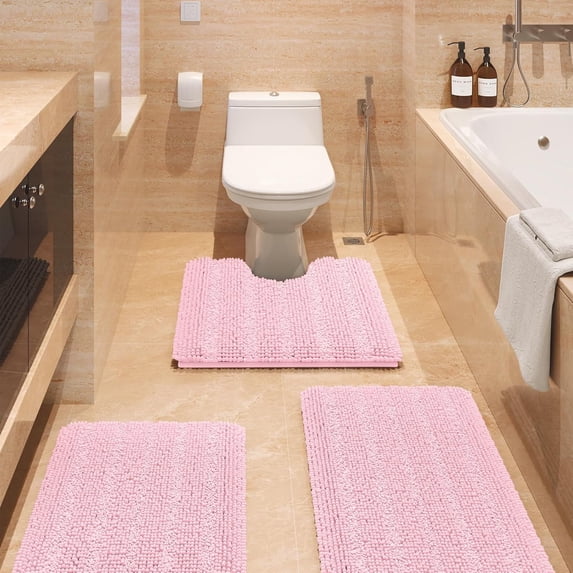 HAKUNA Striped Pink Bathroom Rug Set 3 Pieces Ultra Soft, Non Slip Chenille Toilet Mat, Absorbent Plush Shaggy Bath Mats for Bathroom, Bedroom, Kitchen