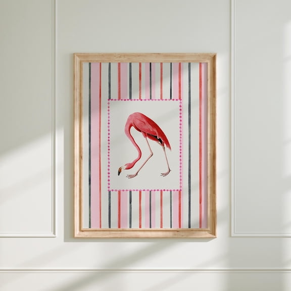 Striped Pink Flamingo Fun Colorful Nursery Vintage Bird Illustration Trendy A233 Poster Unframed Paper Print