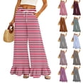 thumbnail image 1 of Striped & Plaid Ruffle Hem Wide Leg Pants - High Waisted Palazzo Trousers with Pockets, Flowy Drawstring Casual Lounge Pants Orange S, 1 of 7