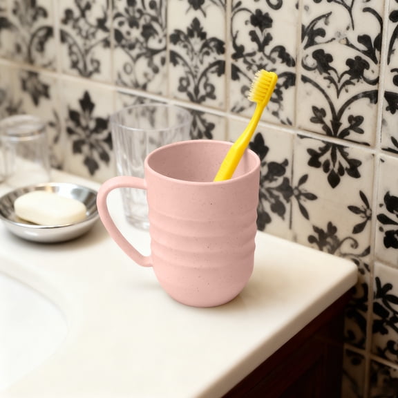 Striped Plastic Drinking Cup with Handle, 9.5cm Tall Food-Grade Multi-Purpose Mouthwash Tumbler, Easy-Clean Textured Grip, Beige/Gray/Pink, 1 Pack