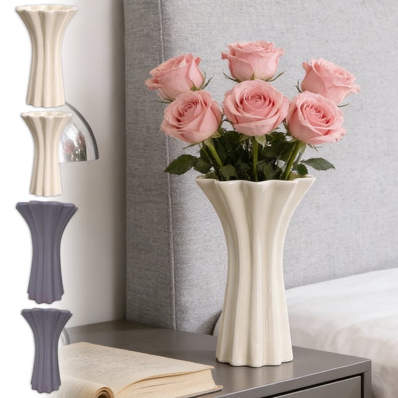 Striped Plastic Vase Decorative Ornament, Modern Container for Dry Flowers, Pampas Grass and Artificial Bonsais, for Coffee Tables, Dining Tables, Office Desks and Home Shelf Styling, 9*4in, Beige