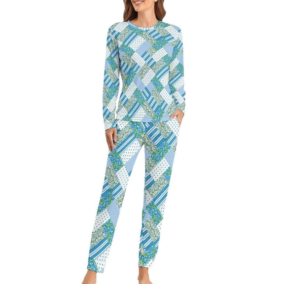 Striped Polka Dot Pajamas Blue and White Romantic Pajama Sets Womens Long Sleeve Casual Home Suit Large Size