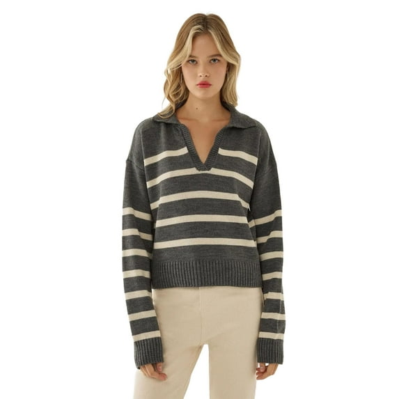 Striped Polo Collar Knit Sweater