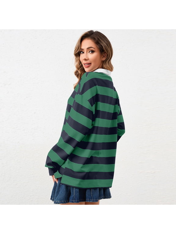 Striped Polo Shirt Women Oversized Long Sleeve Rugby Shirts Loose Drop Shoulder Lapel Pullover Tops