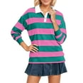 thumbnail image 1 of Striped Polo Shirt for Women Long Sleeve Lapel Collar T Shirt Loose Pullover Tops Hot Pink L, 1 of 6