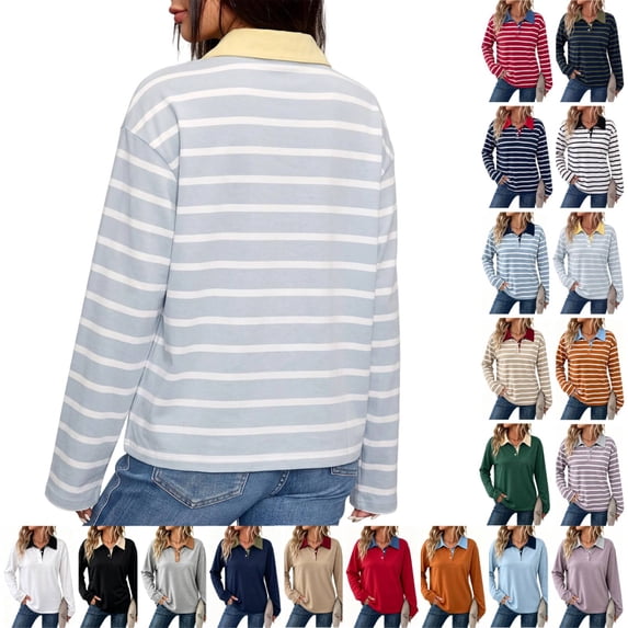 Striped Polo Shirts for Women Long Sleeve Rugby Shirts Loose Preppy Collared Pullover Fall Casual