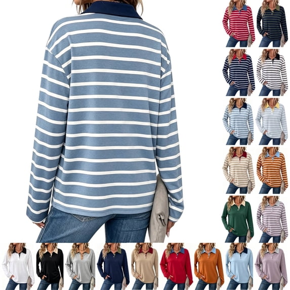 Striped Polo Shirts for Women Long Sleeve Rugby Shirts Loose Preppy Collared Pullover Fall Casual
