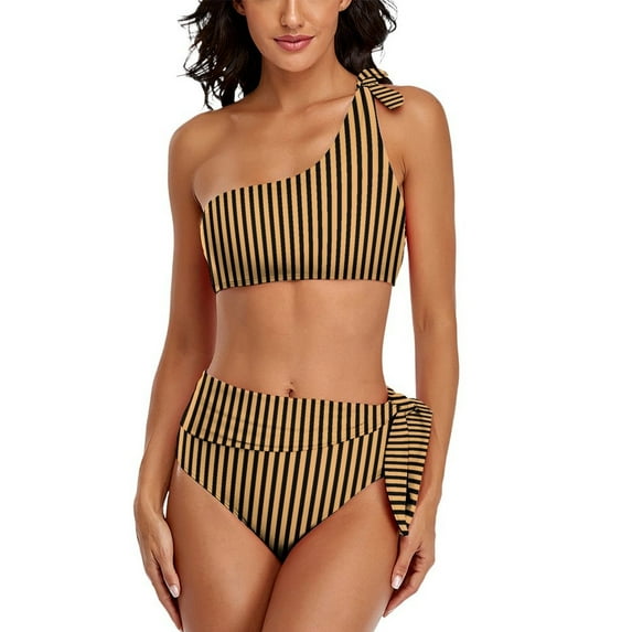 Striped Print Bikinis Set Orange and Black Line Aesthetic Bikini Swimsuit High Waist Swimwear Surfing Custom Swimsuits