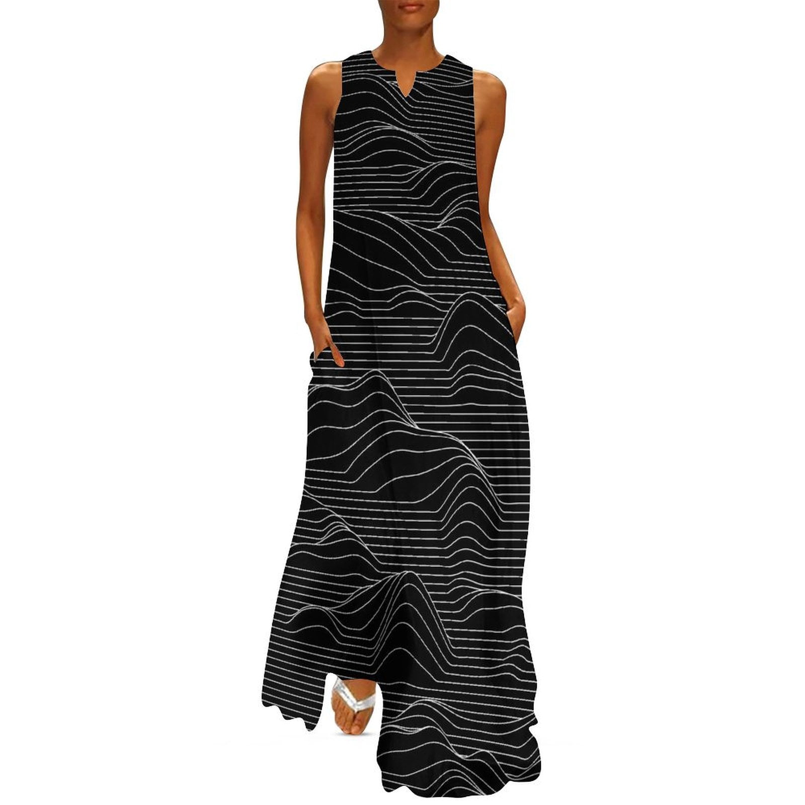 Striped Print Dress Wave Abstract Lines Sexy Maxi Dress Sleeveless ...