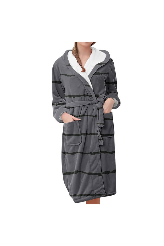 Striped Print Funny Flannel Robe for Women 2024 Casual Baggy Lounge Bathrobe Fleece Warm Winter Sleepwear Cozy Soft Pajamas