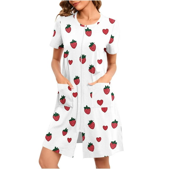 Striped Print Housecoat for Women Lounge Zipper Robes Short-Sleeve Loungewear Bathrobes Comfort Nightgown Sleepwear