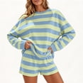 thumbnail image 1 of Striped Print Shorts Set for Women Fashion Casual Round Neck Striped Print Long Sleeved Top Elastic Waist Pocket Short Suit Women's Breathable Summer Two-Piece, 1 of 6