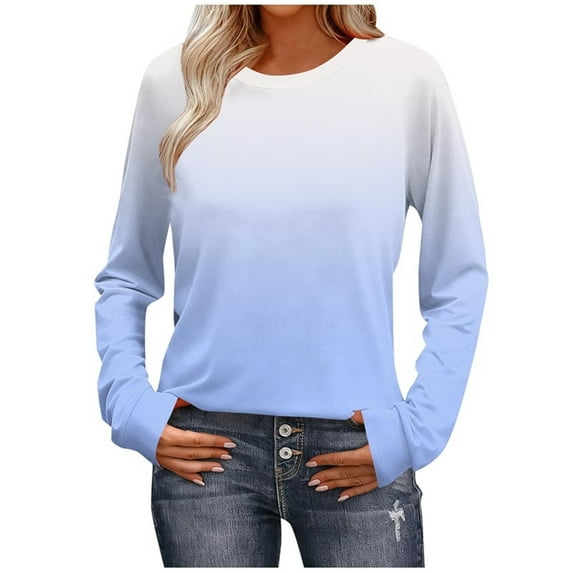 Striped Print Tops for Women Casual Loose Fit Long Sleeve Raglan T-Shirt Round Neck Basic Tees Fall Spring Clothes (2XL, Blue|Gradient)