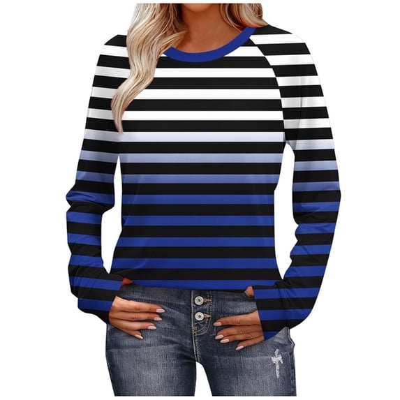 Striped Print Tops for Women Casual Loose Fit Long Sleeve Raglan T-Shirt Round Neck Basic Tees Fall Spring Clothes (L, Blue 01)