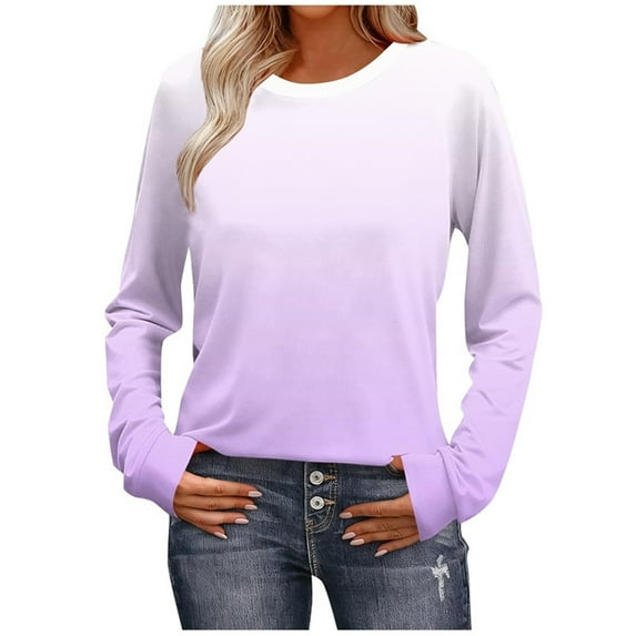 Striped Print Tops for Women Casual Loose Fit Long Sleeve Raglan T-Shirt Round Neck Basic Tees Fall Spring Clothes (S, Purple|Gradient)