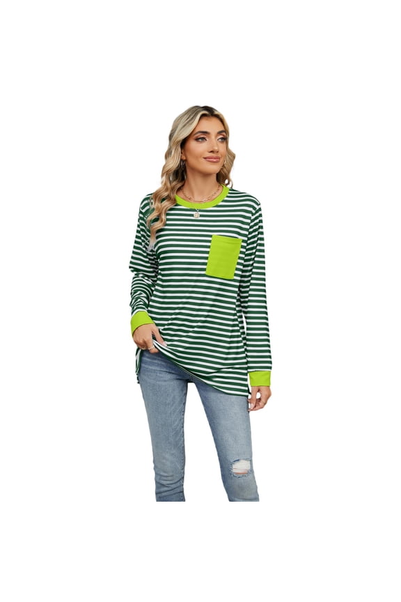 Striped Pullover T-Shirt with Color-Blocked Pockets and Long Sleeves for Women