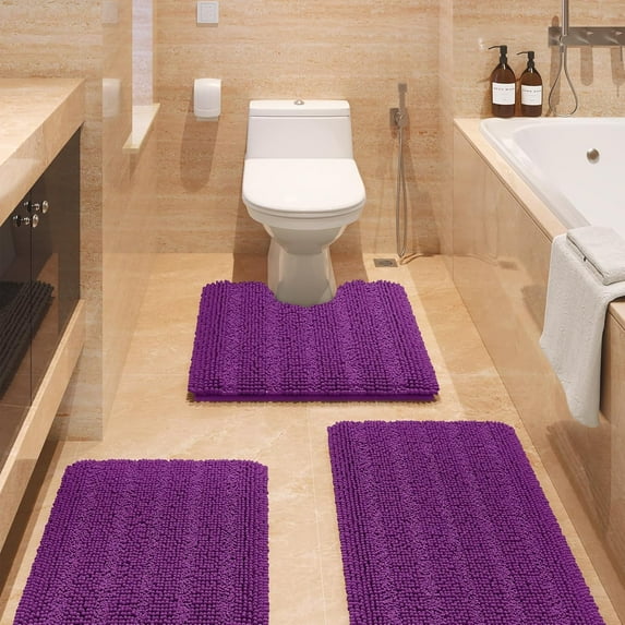 HAKUNA Striped Purple Bathroom Rug Set 3 Pieces Ultra Soft, Non Slip Chenille Toilet Mat, Absorbent Plush Shaggy Bath Mats for Bathroom, Bedroom, Kitchen