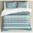 thumbnail image 1 of Striped Queen Size Duvet Cover Set, Abstract Narrow Bands Group of Long Same Bars Vintage Geometric Artwork Image Print, Decorative 3 Piece Bedding Set with 2 Pillow Shams, Teal Blue, by Ambesonne, 1 of 3