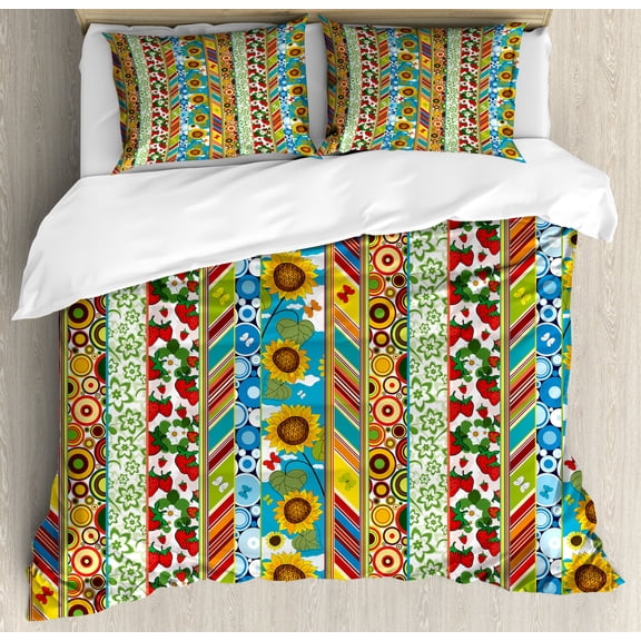 Striped Queen Size Duvet Cover Set, Colorful Summer Spring Retro Patchwork Style Pattern Sunflower Butterfly Strawberry, Decorative 3 Piece Bedding Set with 2 Pillow Shams, Multicolor, by Ambesonne