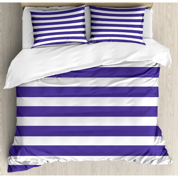 Striped Queen Size Duvet Cover Set, Nautical Marine Style Lines Sailor Theme Geometric Pattern Art Print, Decorative 3 Piece Bedding Set with 2 Pillow Shams, Violet Blue and White, by Ambesonne
