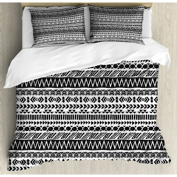 Striped Queen Size Duvet Cover Set, Trippy Mystic Aztec Culture Figure Antique Aged Folk Old Bohemian Print, Decorative 3 Piece Bedding Set with 2 Pillow Shams, Black White, by Ambesonne