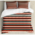 thumbnail image 1 of Striped Queen Size Duvet Cover Set, Vintage Retro Pattern Geometric 60's Style Red Black Teal and Beige Colored Print, Decorative 3 Piece Bedding Set with 2 Pillow Shams, Multicolor, by Ambesonne, 1 of 3