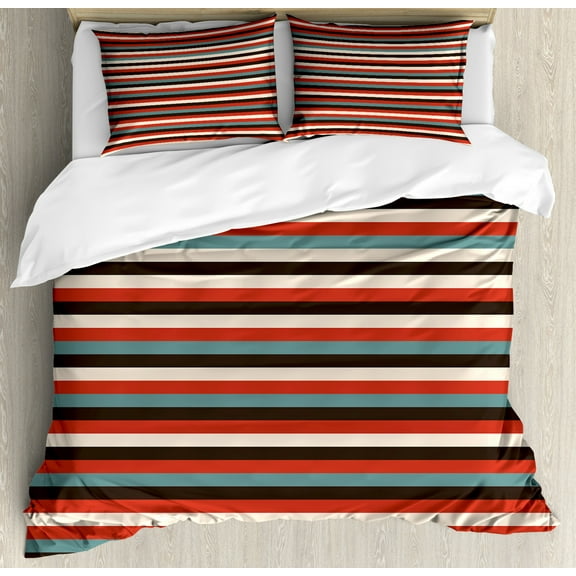 Striped Queen Size Duvet Cover Set, Vintage Retro Pattern Geometric 60's Style Red Black Teal and Beige Colored Print, Decorative 3 Piece Bedding Set with 2 Pillow Shams, Multicolor, by Ambesonne