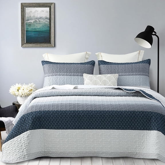 Striped Quilt Set Queen Size 3Pcs, Blue & Navy Striped Patchwork Pattern All Season Lightweight Bedspread Coverlet Sets(Queen 90x96, Blue Patchwork)