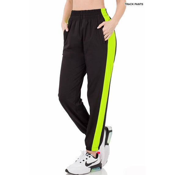 Women's Track Pants with Neon Side Stripe, Elastic Waist Athletic Joggers Black/L