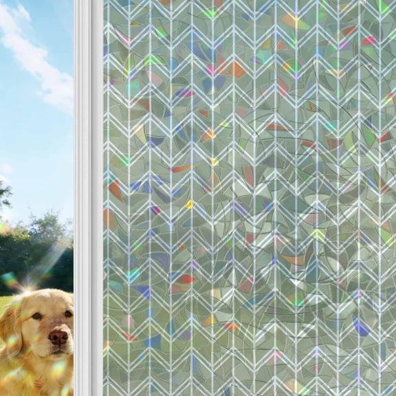 Striped Rainbow Window Privacy Film, Abstract Chevron White Line Sage Green Bohemian Stained Glass Window Film, Sun Blocking Glass Clings Static Cling Non Adhesive Door Stickers 29.5 x 118 Inches