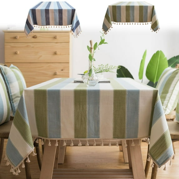 Striped Rectangular Tablecloth Blue Green Polyester Linen Fringe Design | Small 60x60cm Multi-Purpose Patterned Home Decor | 1-Pack Washable Indoor Outdoor