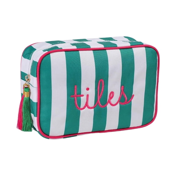 Striped Rectangular Zippered Pouch with Embroidered Text and Tassel Accent for Travel Toiletries Accessories Storage Bag