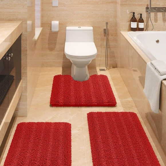 Striped Red Bathroom Rug Set 3 Pieces Gray Ultra Soft, Non Slip Absorbent Chenille Bath Mats