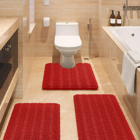 HAKUNA Striped Red Bathroom Rug Set 3 Pieces Ultra Soft, Non Slip Chenille Toilet Mat, Absorbent Plush Shaggy Bath Mats for Bathroom, Bedroom, Kitchen