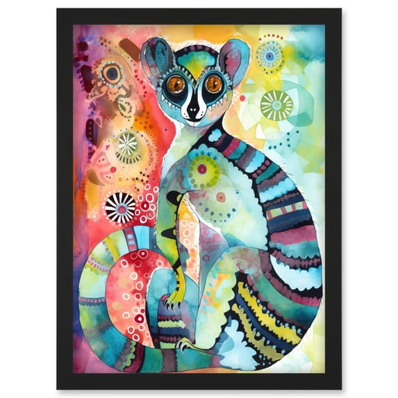 Striped Ring-Tailed Lemur Multicoloured Folk Art Watercolour Painting Artwork Framed Wall Art Print A4