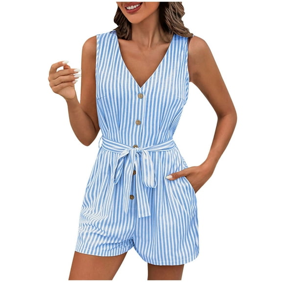 Striped Romper for Women V Neck Button Down Wide Leg Summer Beach Casual Jumpsuits