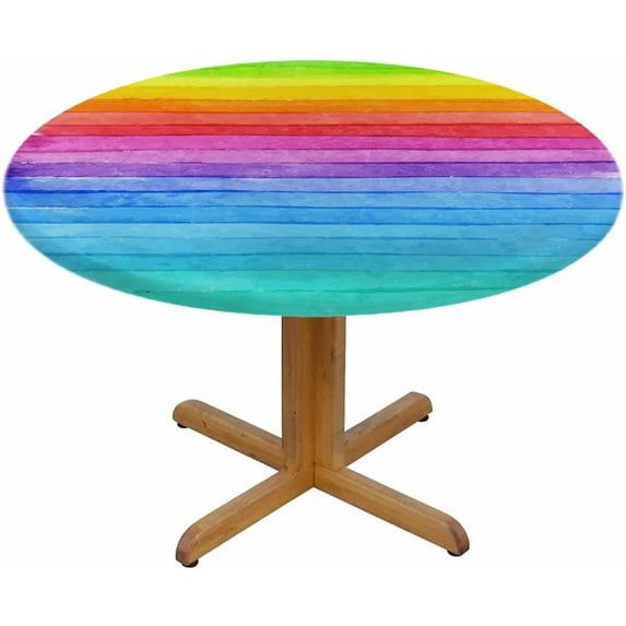Striped Round Table Cloth Watercolor Rainbow Colored Horizontal Lines Elastic Edged Table Cover Fade And Stain Resistant Table Cloths Easy To Clean Fits Tables 40-44" Diameter