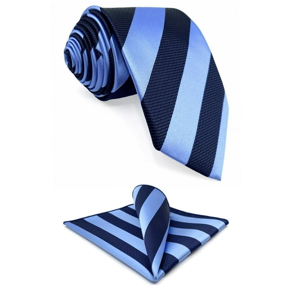 Striped Royal Blue Navy Blue Necktie and Pocket Square Set for Men Stripes Tie Handkerchief Combo Medium 57.5"
