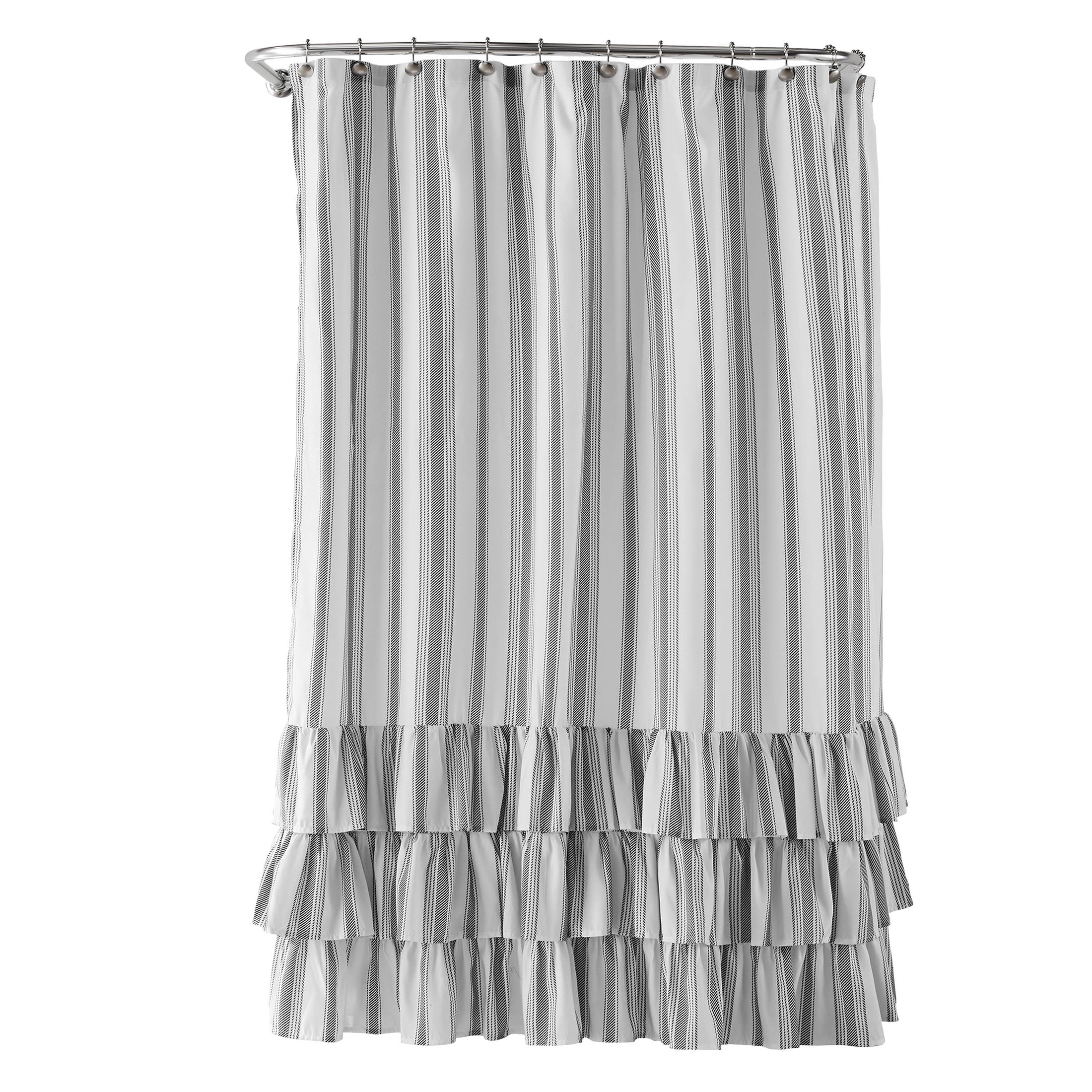 Striped Ruffle Printed Polyester Fabric Shower Curtain, Charcoal/White