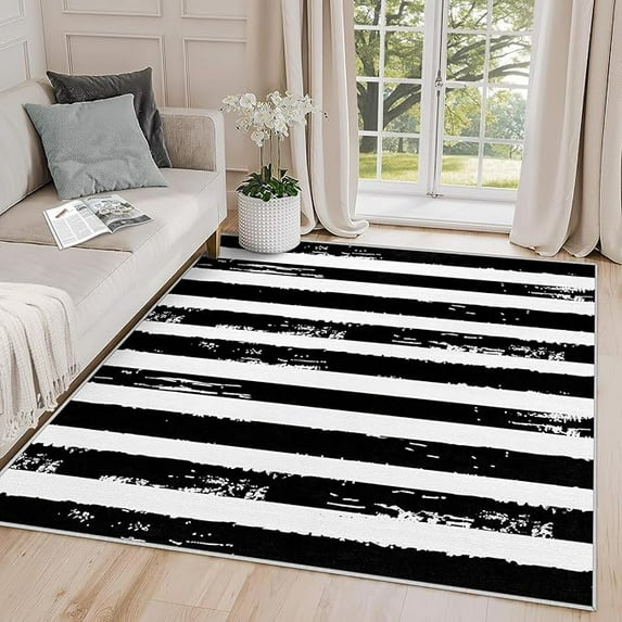 Striped Rug - Striped Rug, Black And White Stripe Area Rug, Rustic Geometric Door Mat, Washable & Non Slip & Soft Small Carpet, Striped Home Decor Gifts 3' x 4'