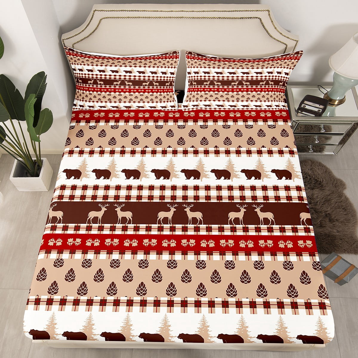Striped Safari Animal Twin Size Fitted Sheet,Winter Deer Bear Anlters Patchwork Bed Sheets for Kids Teens Adults,Tree Pinecone Botanical Sheets(No Top Sheet)