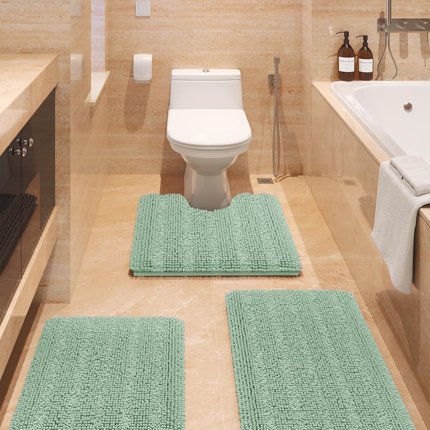 Striped Sage Green Bathroom Rug Set 3 Pieces Gray Ultra Soft, Non Slip ...