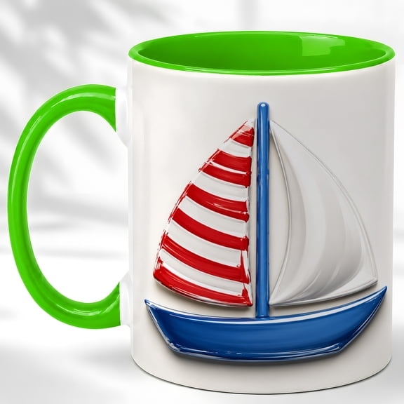 Striped Sailboat Coffee Mug, Nautical Boat Mug, Ceramic 11 oz